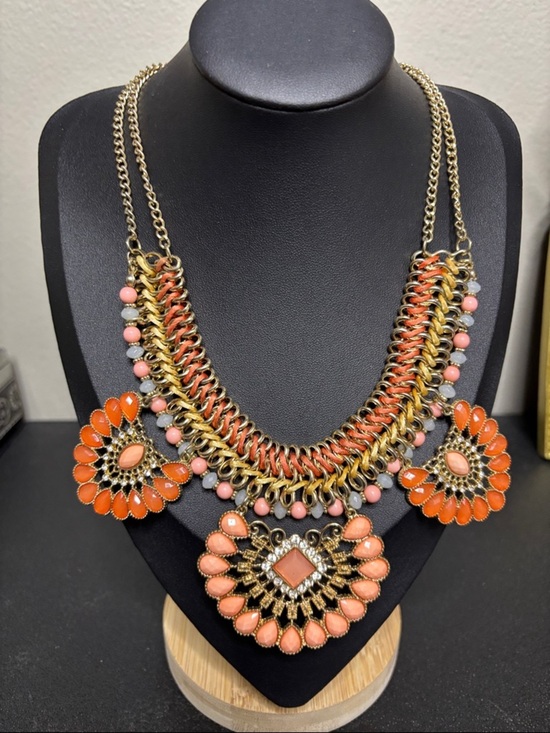 Source Unknown Jewelry - Bib Collar Beaded Braided Colorful Gold Tone Orange Boho Statement Necklace